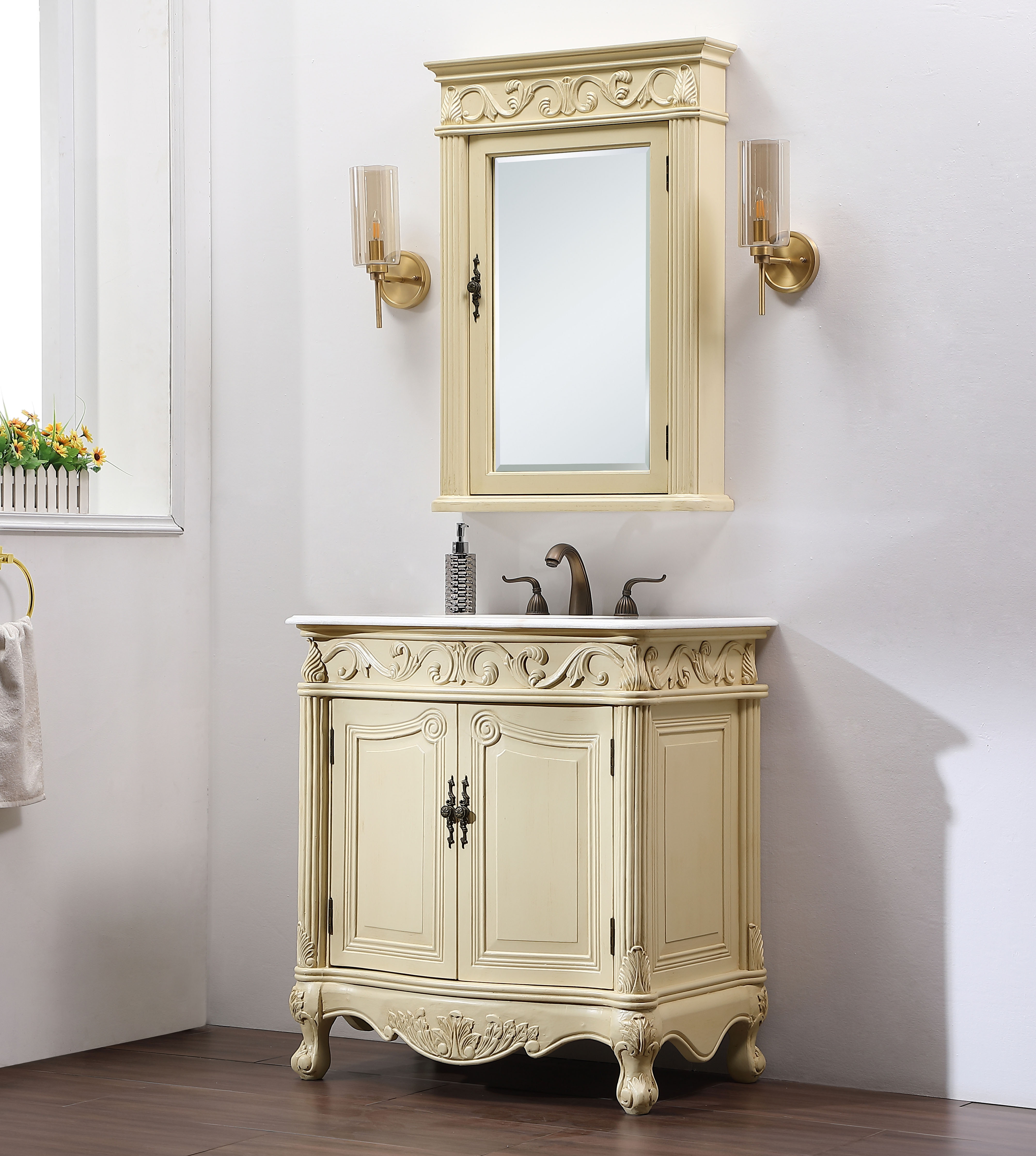 32" Antique Ivory with Matching Medicine Imperial White Marble Top